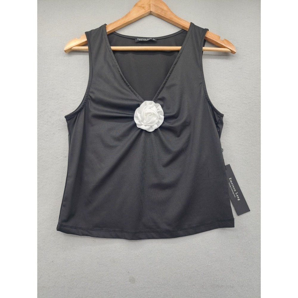 Emerson Lang Black Rosette Tank Top V-Neck Floral 3D Rose Sleeveless Large NWT